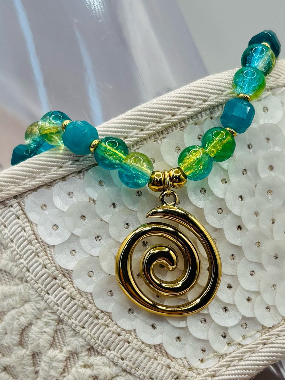 *ANKLET* S.Steel Swirl & Teal Yellow Crackle & Jade Stretchy Anklet - Picture 5 of 6